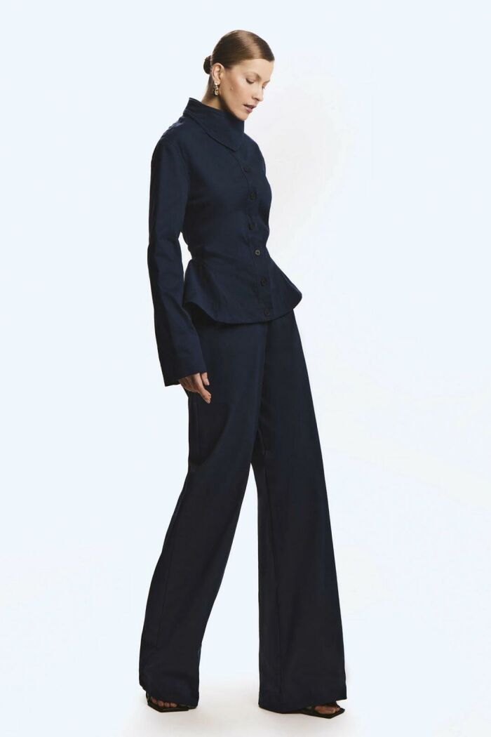 Imagem de Casaco Curto Sobreposição Gola Acinturada Barra Ampla Azul-Marinho Zen