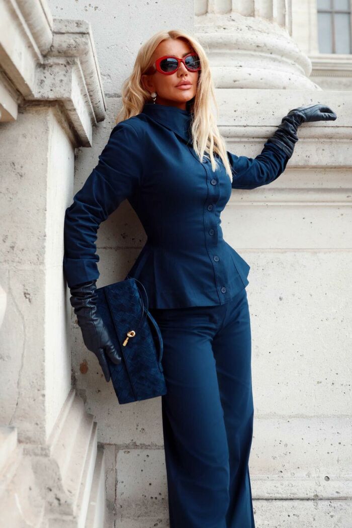 Imagem de Casaco Curto Sobreposição Gola Acinturada Barra Ampla Azul-Marinho Zen