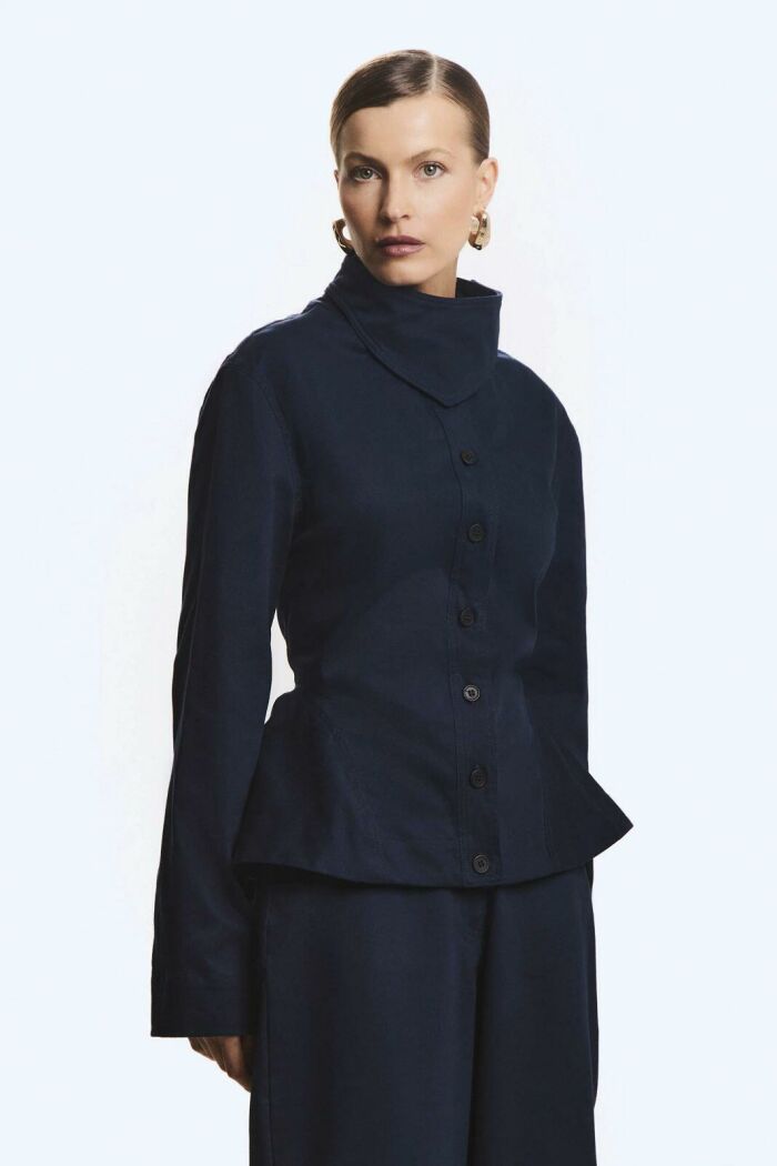 Imagem de Casaco Curto Sobreposição Gola Acinturada Barra Ampla Azul-Marinho Zen