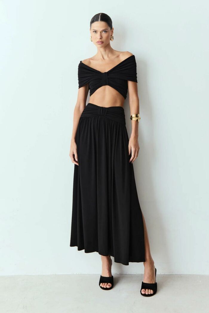 Imagem de Saia Mídi Ampla Cós Largo Com Detalhe Preto Zen