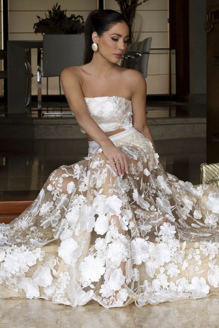 Imagem de Saia Mídi Em Tule Bordado Com Cós Médio Off White zen