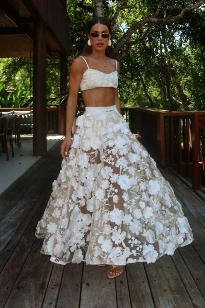 Imagem de Saia Mídi Em Tule Bordado Com Cós Médio Off White zen