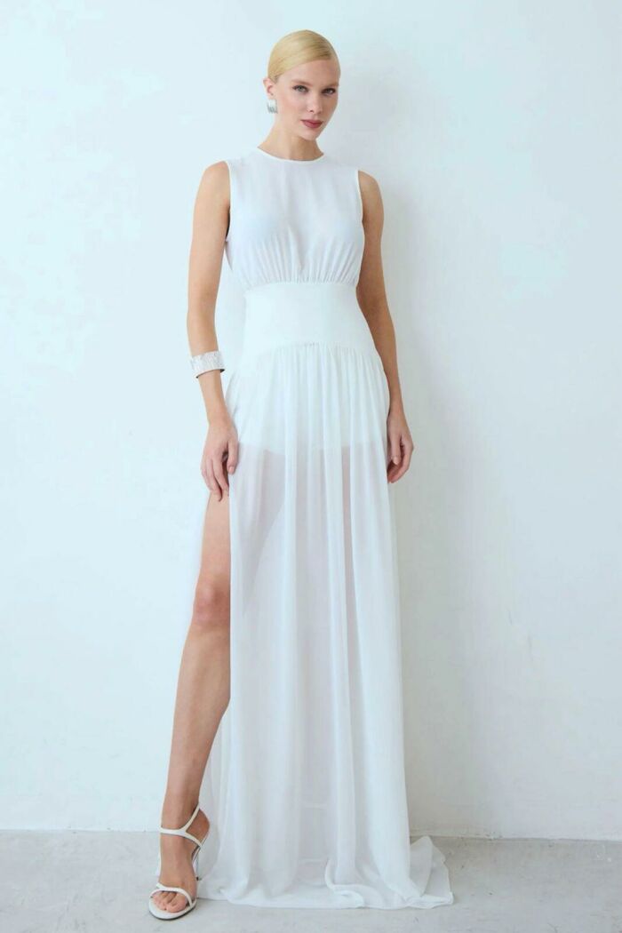 Imagem de Vestido Longo Acinturado Corpo e Barra Fluida Off White Zen