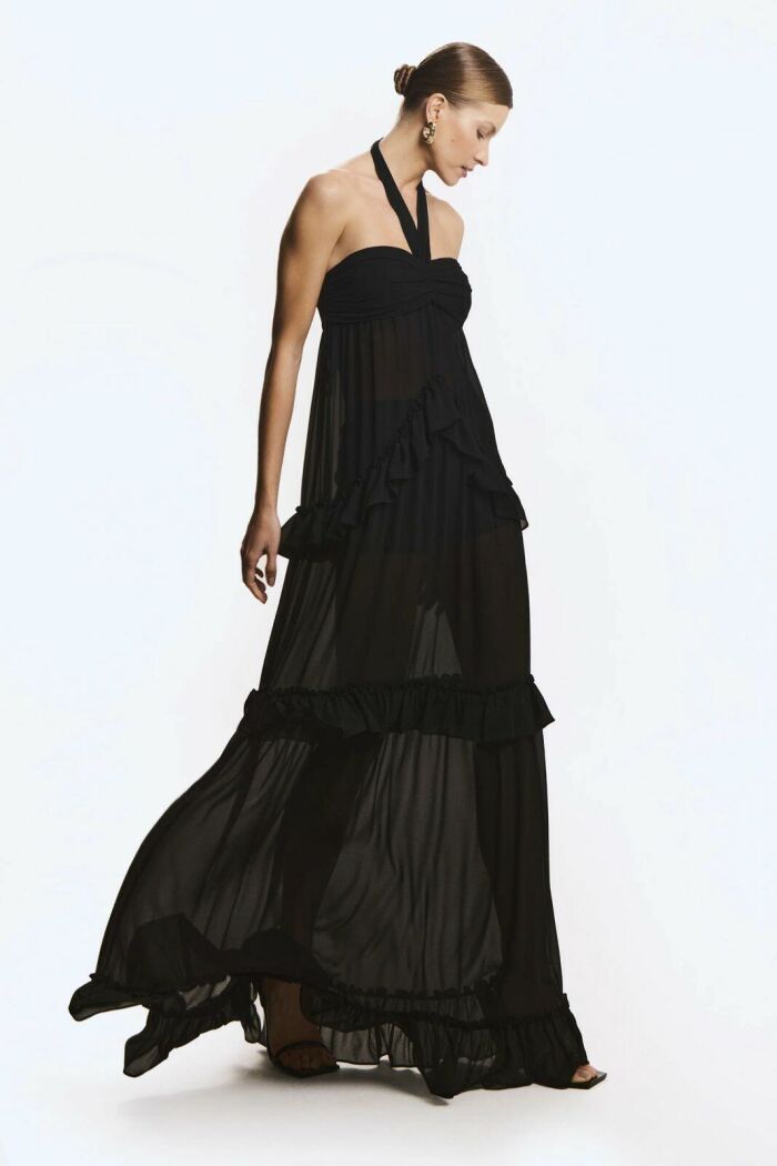 Imagem de Vestido longo Com Babados Amarração Pescoço Preto Zen