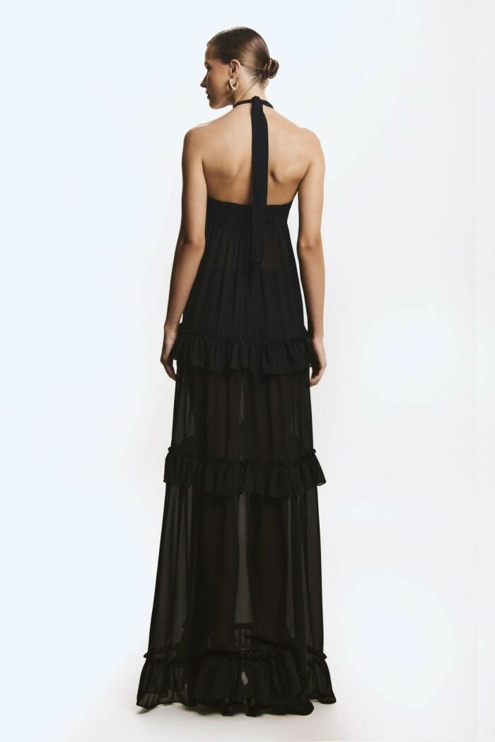 Imagem de Vestido longo Com Babados Amarração Pescoço Preto Zen