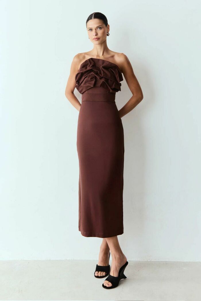 Imagem de Vestido Mídi Sobreposição Drapeada Decote Marrom Escuro Zen