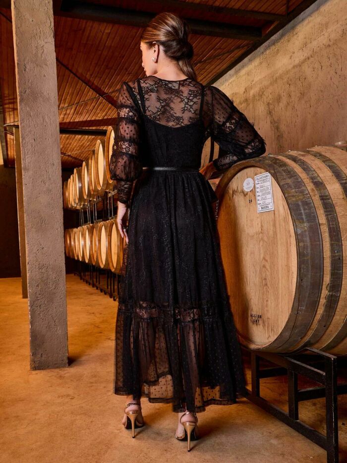 Imagem de Vestido Tule Poá Renda Longo Preto Luzia Fazzolli