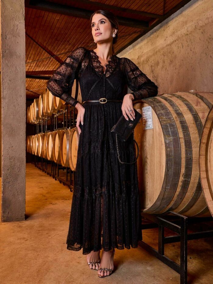 Imagem de Vestido Tule Poá Renda Longo Preto Luzia Fazzolli