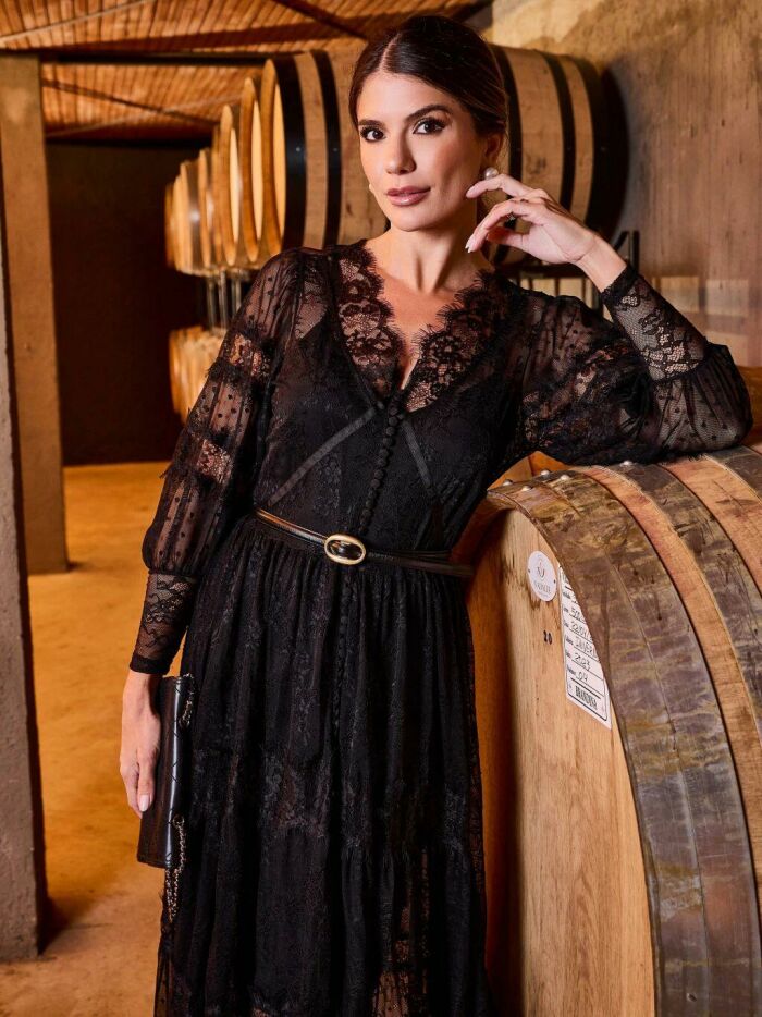 Imagem de Vestido Tule Poá Renda Longo Preto Luzia Fazzolli
