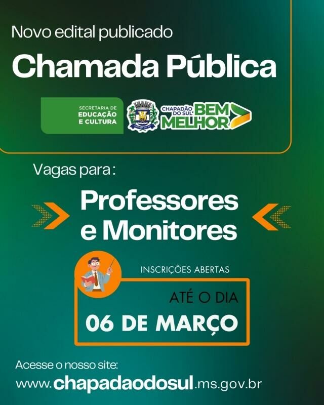 Imagem de compartilhamento para o artigo Chapadão do Sul abre nova chamada pública para contratação de professores e monitores da MS Todo dia