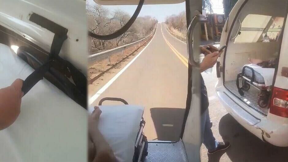 Imagem de compartilhamento para o artigo Vídeo: Porta de ambulância abre e acaba amarrada em maca de paciente durante transporte em Coxim da MS Todo dia