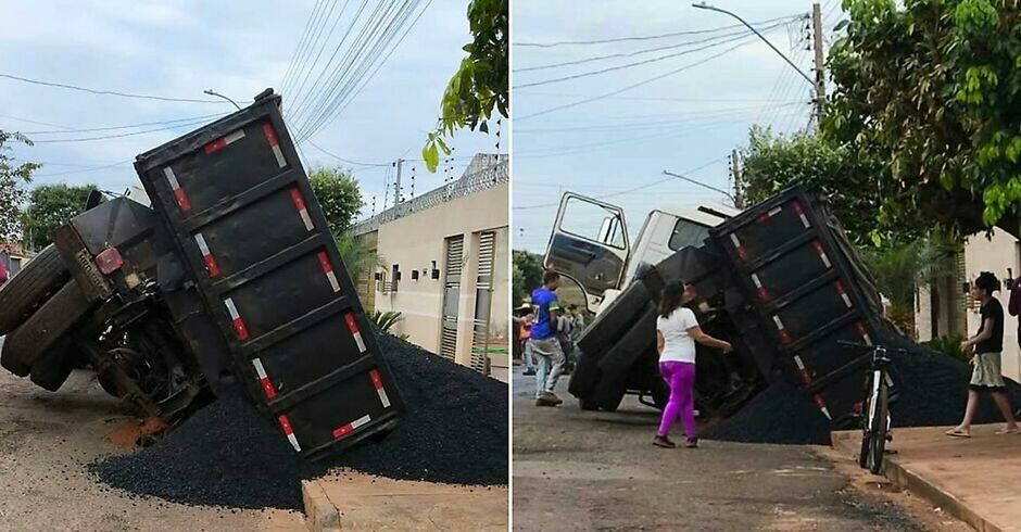 Imagem de compartilhamento para o artigo Caminhão com massa asfáltica tomba em rua movimentada de Paranaíba após afundamento de solo da MS Todo dia