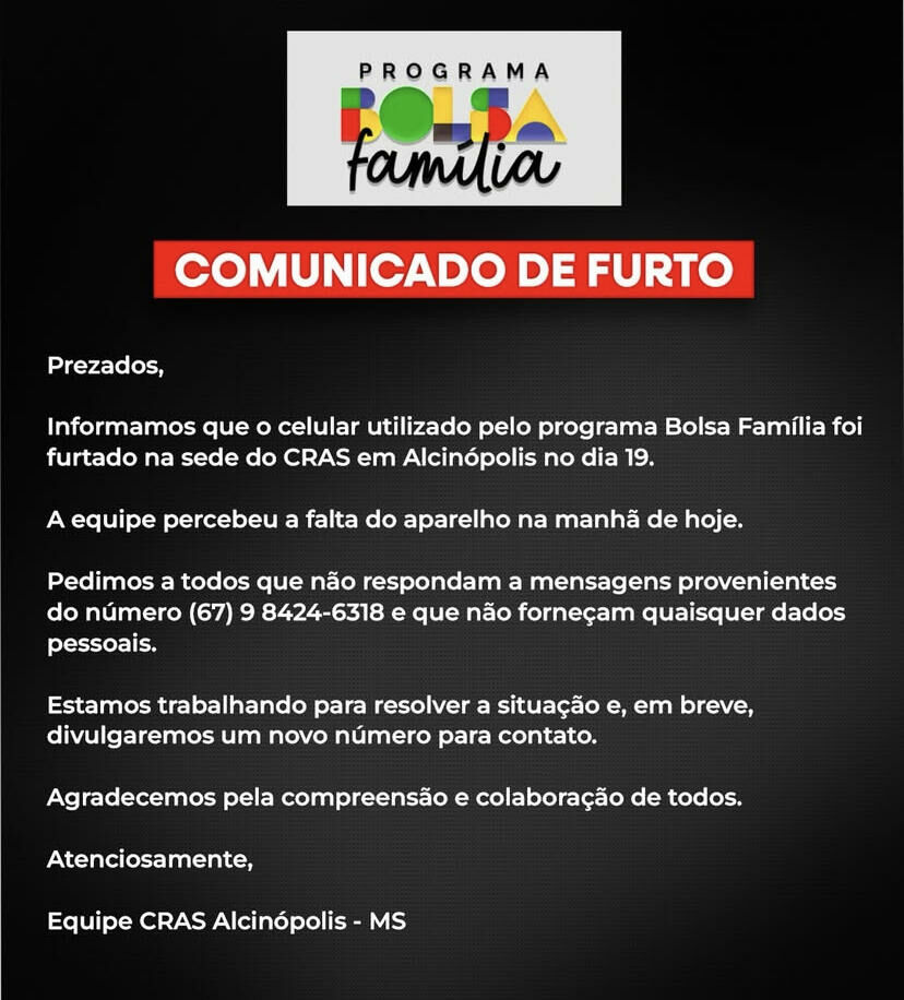 Imagem de compartilhamento para o artigo Celular do Bolsa Família é furtado dentro de CRAS em Alcinópolis e prefeitura alerta para golpes da MS Todo dia