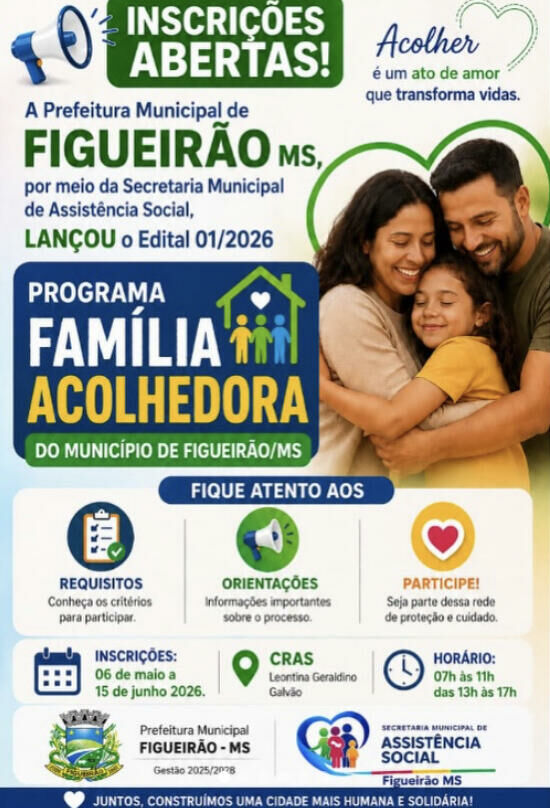 Imagem de compartilhamento para o artigo Famílias podem se inscrever em programa de acolhimento temporário para crianças e adolescentes em Figueirão da MS Todo dia