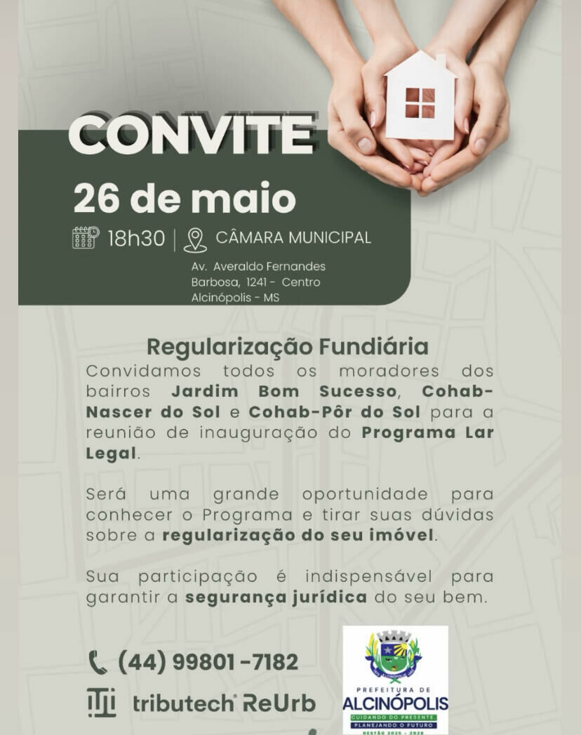 Imagem de compartilhamento para o artigo Moradores são convidados para reunião sobre regularização fundiária em Alcinópolis da MS Todo dia