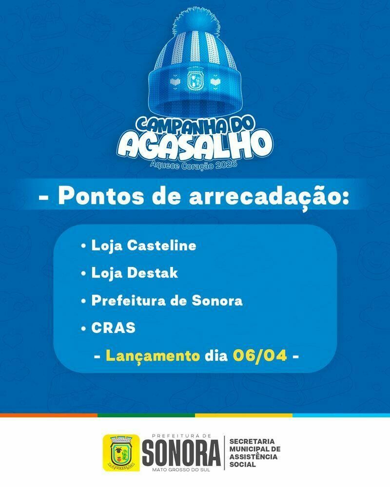 Imagem de compartilhamento para o artigo Campanha do Agasalho começa em Sonora com pontos de arrecadação pela cidade da MS Todo dia