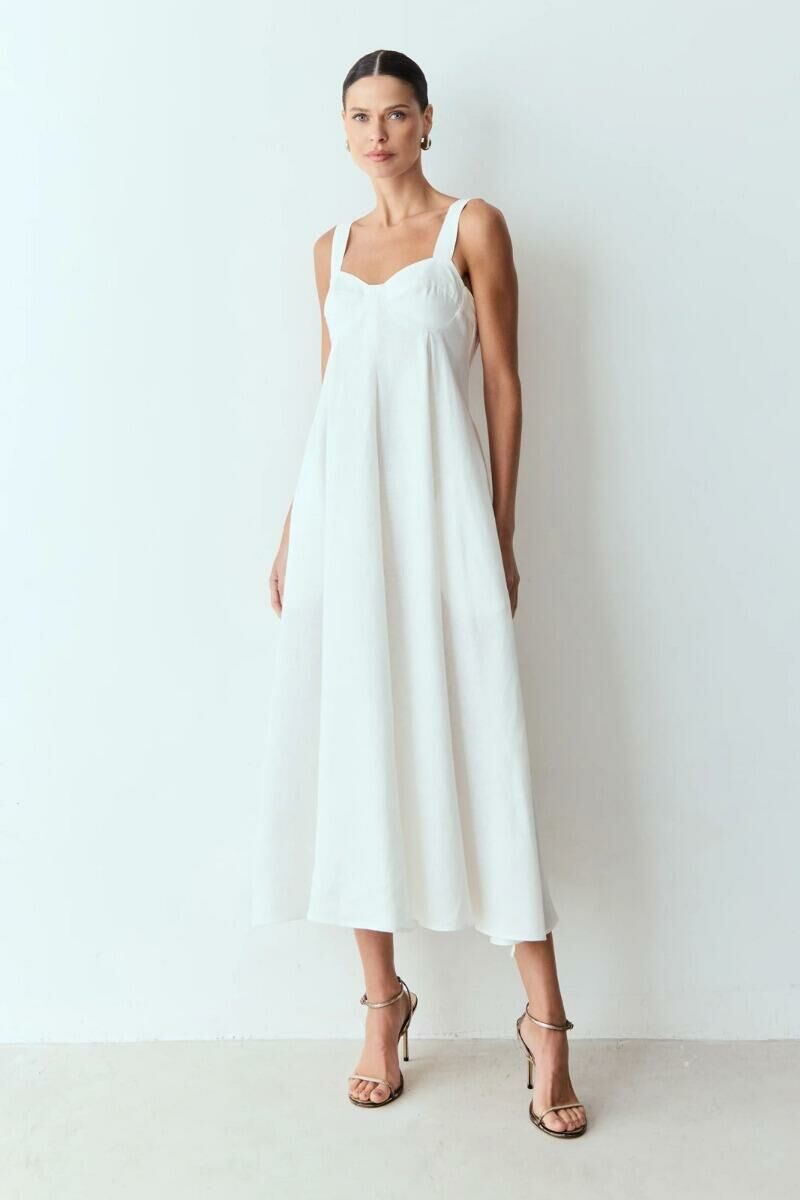 Imagem de Vestido Mídi Com Pregas Costas Abertas E Amarração Branco Zen