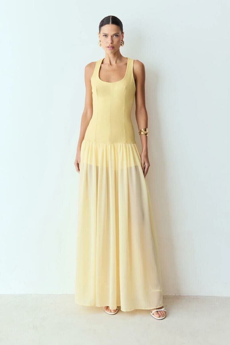 Imagem de Vestido Longo Com Corpo Estruturado E Barra Fluida Amarelo Manteiga Zen