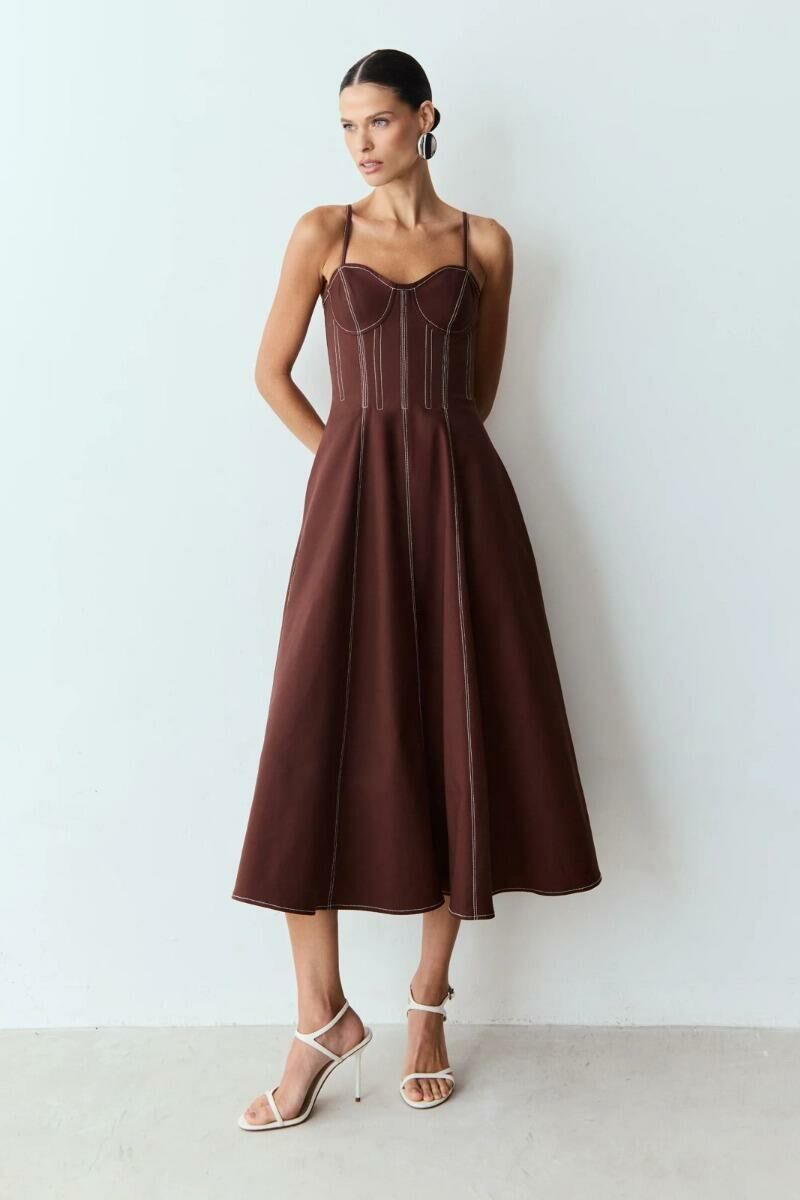 Imagem de Vestido Mídi Com Pesponto Grosso Corpo E Busto Marrom Escuro Zen