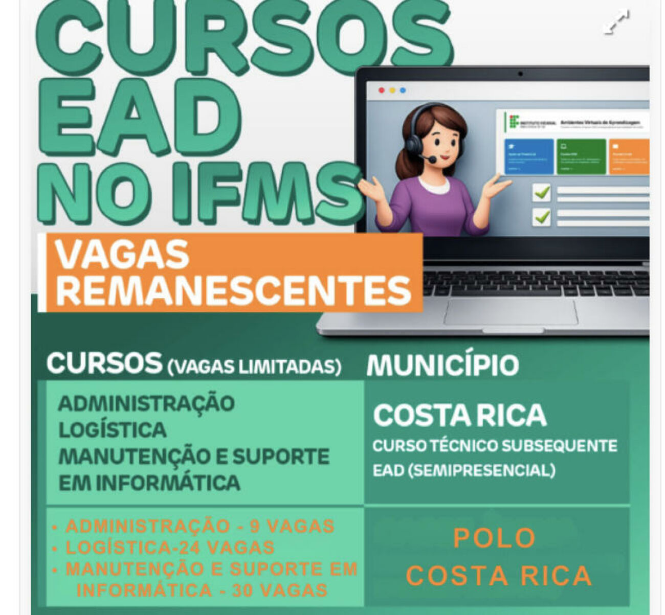 Ilustração da notícia IFMS abre 63 vagas remanescentes para cursos técnicos EaD no Polo Costa Rica da MS Todo dia