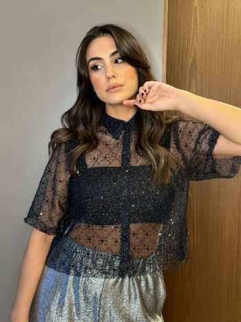 Imagem de Camisa Tela Paetês Preta - Olivia