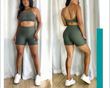 Imagem do produto Conjunto Shorts e Top Suplex - Verde Militar com Detalhes Terra Cota - BJBVM - Tamanho P