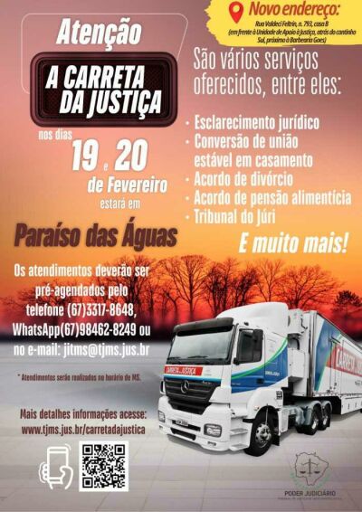 Imagem da notícia Carreta da Justiça estará atendendo em Paraíso das Águas dias 19 e 20 de fevereiro