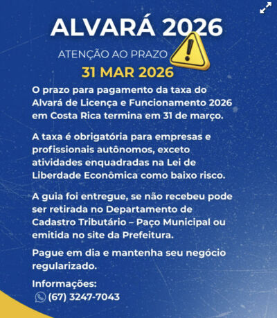 Imagem da notícia Empresários e autônomos têm até 31 de março para pagar taxa do alvará em Costa Rica