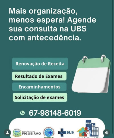 Imagem da notícia Saúde de Figueirão adota agendamento obrigatório nas UBS para agilizar atendimentos