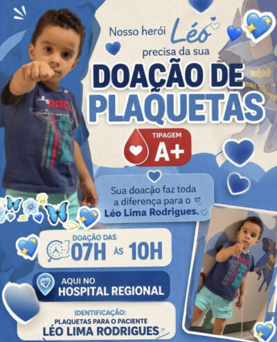 Imagem da notícia Corrente de solidariedade mobiliza comunidade por doação de plaquetas para criança de Paraíso das Águas