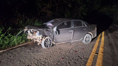 Imagem da notícia Carro fica destruído após colisão com ônibus na BR-060 em Paraíso das Águas