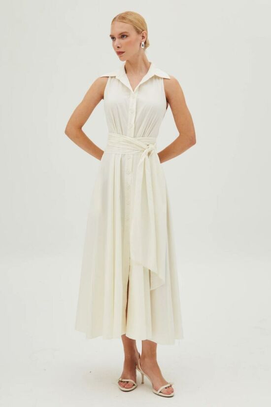 Imagem de Vestido Mídi Com Faixa Para Amarração E Botões Creme Zen