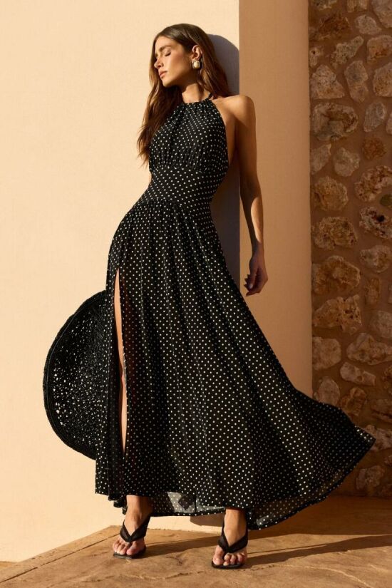 Imagem de Vestido Mídi Amarração Costas e Pescoço Cós Largo Poá Preto Zen