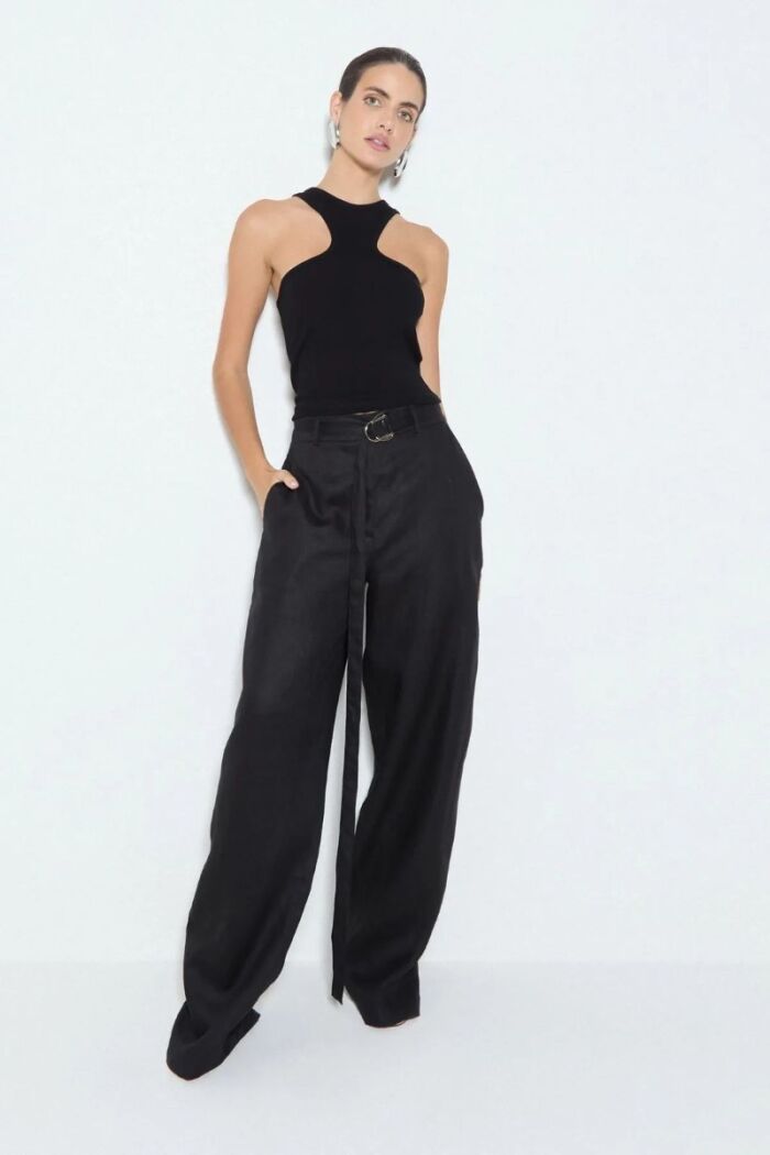 Imagem de Calça Reta Em Linho Com Cinto Removível Preta Zen