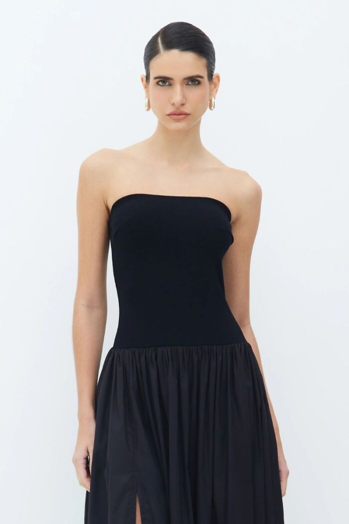 Imagem de Vestido Mídi Tomara Que Caia Saia Ampla E Bolsos Preto Zen