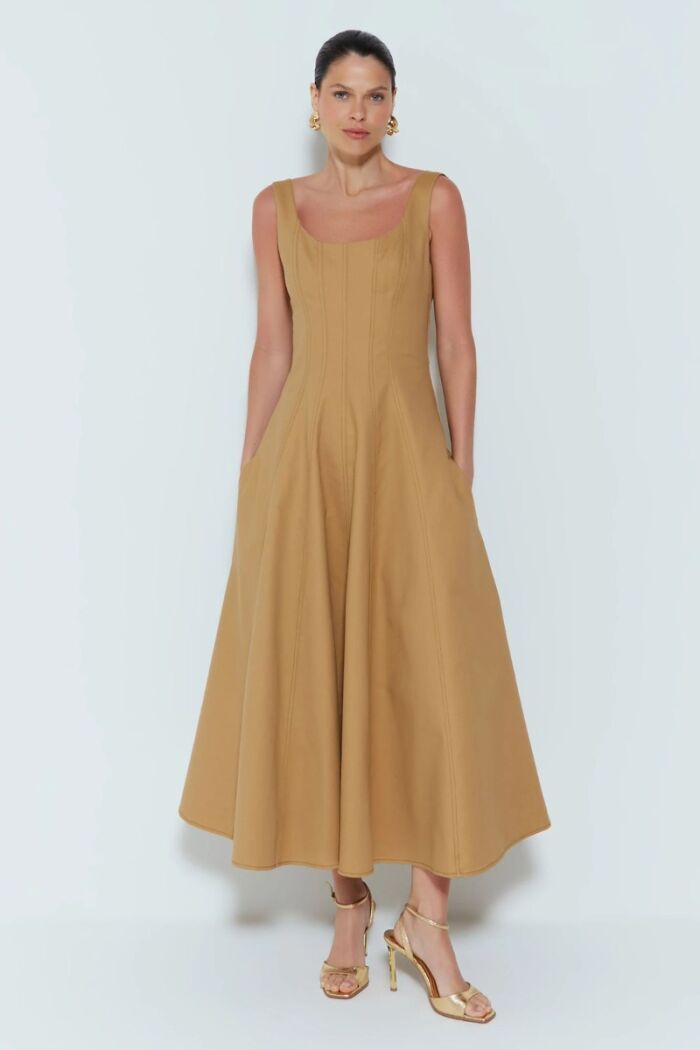 Imagem de Vestido Mídi Com Pesponto e Barra Ampla Kaki