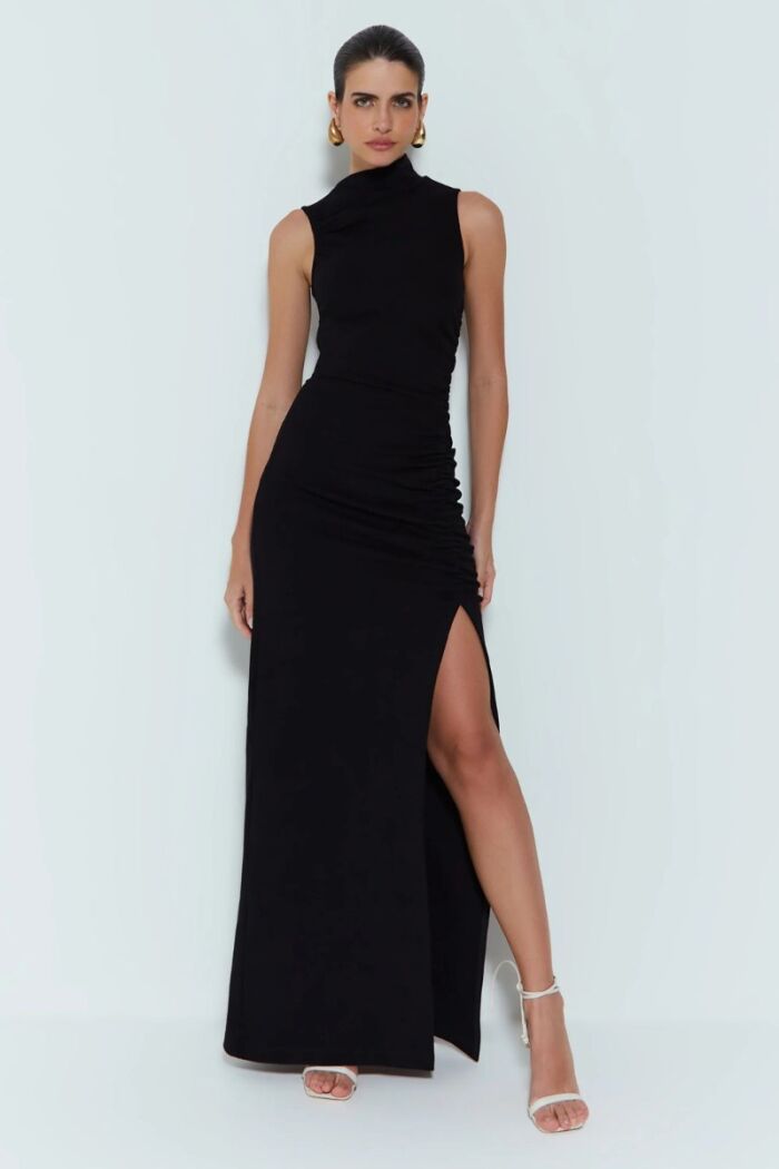 Imagem de Vestido longo Com Franzido Lateral E Gola Assimétrica Preto Zen