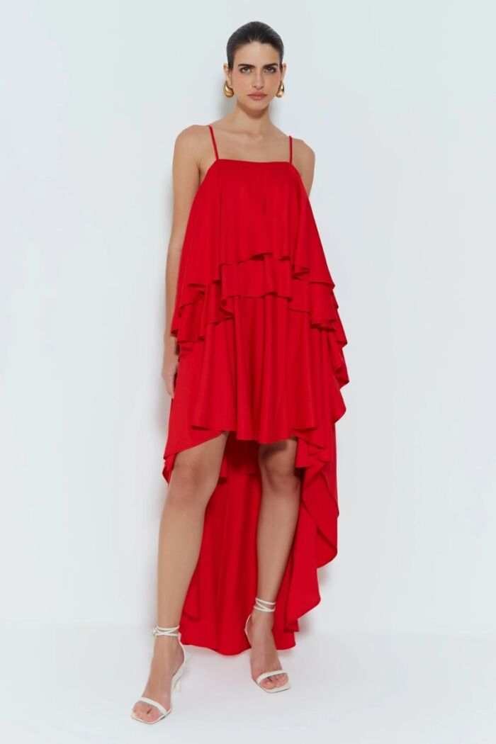 Imagem de Vestido Mullet Com Babados E Alça Fina Vermelho Zen