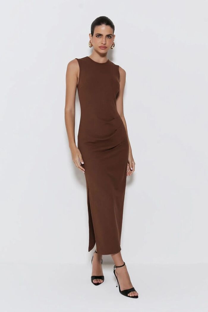 Imagem de Vestido Mídi Reto Com Pregas Laterais Marrom