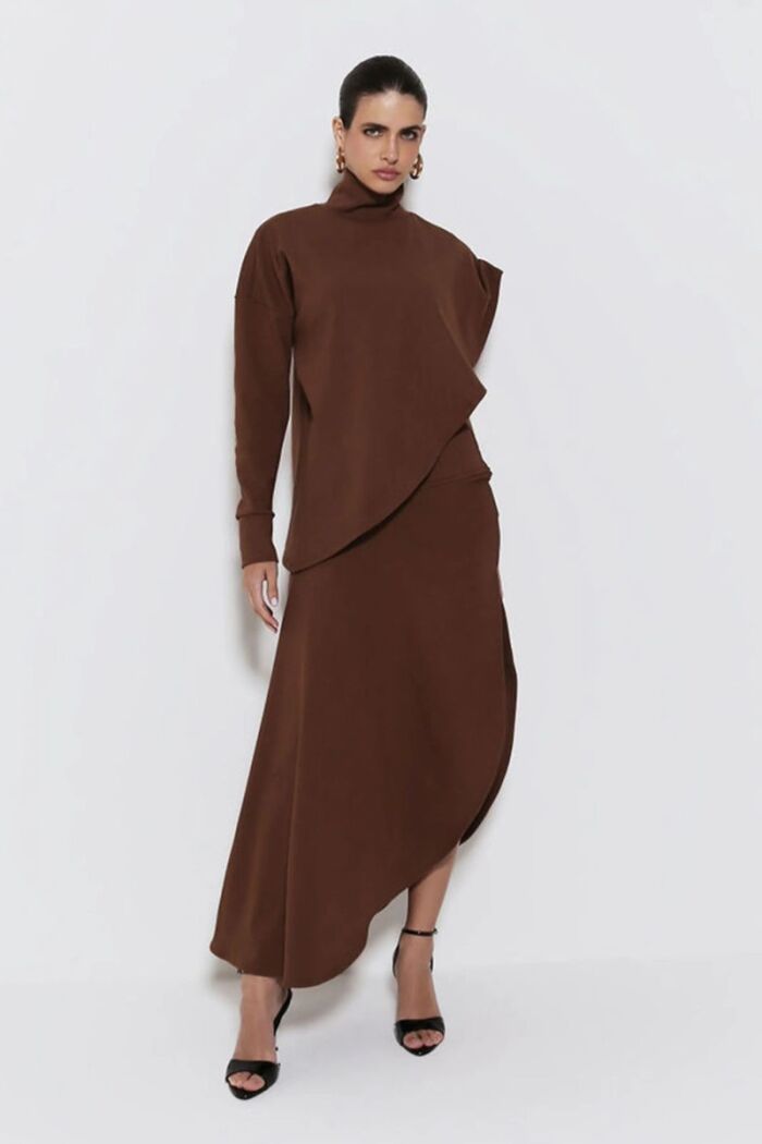 Imagem de Saia Longa Com Barra Assimétrica E Cós Largo Marrom Zen