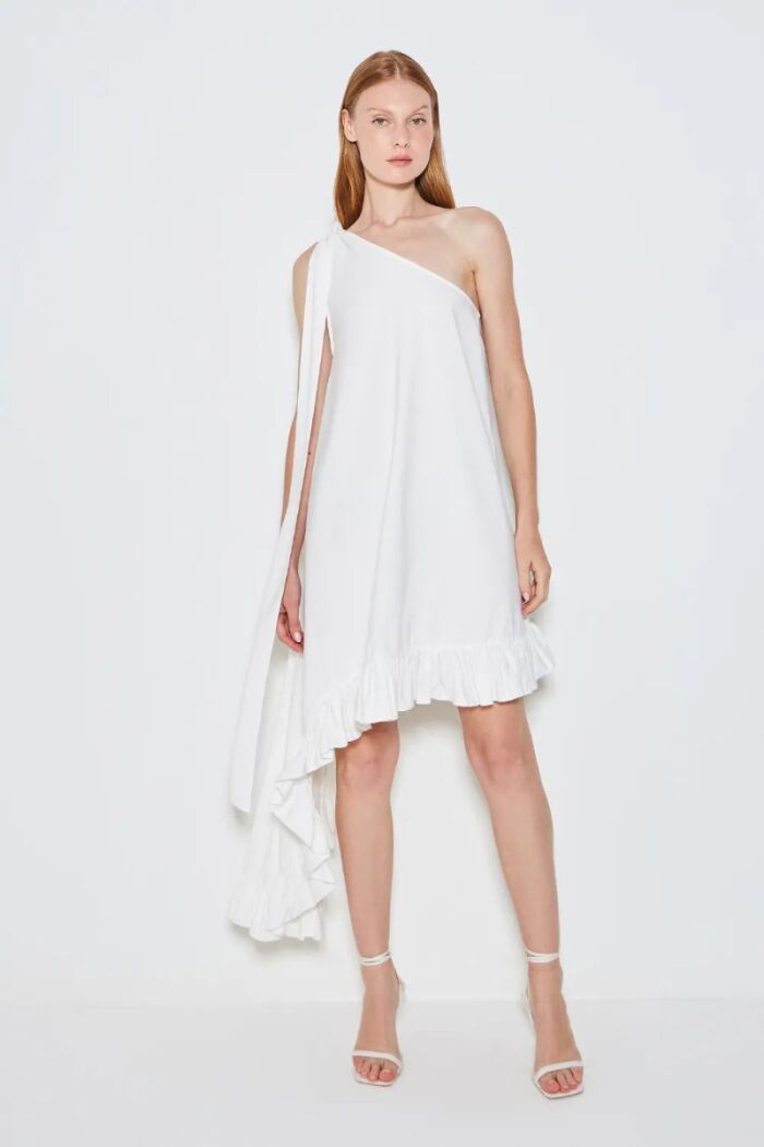 Imagem de Vestido Curto Um Ombro Só Com Amarração Off White Zen