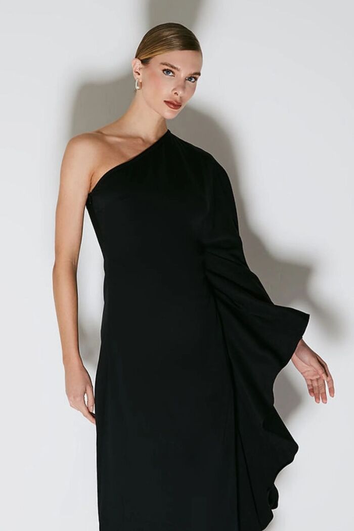 Imagem de Vestido Mídi Com Uma Manga Drapeada Preto Zen