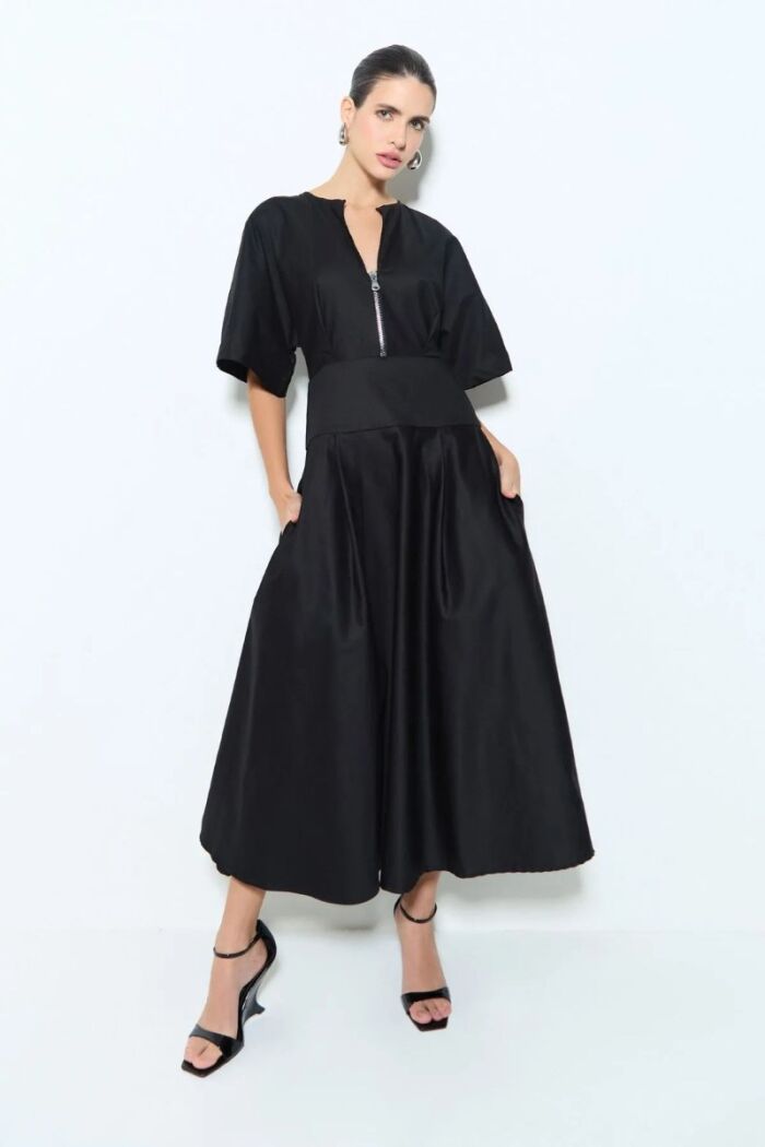 Imagem de Vestido Mídi Com Zíper De Metal E Manga Ampla Preto Zen