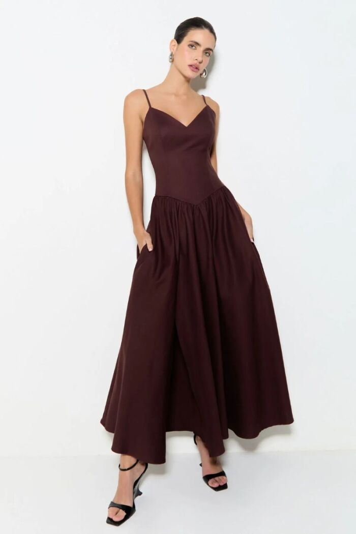 Imagem de Vestido Mídi Com Saia Rodada e Franzidos Marrom Café Zen