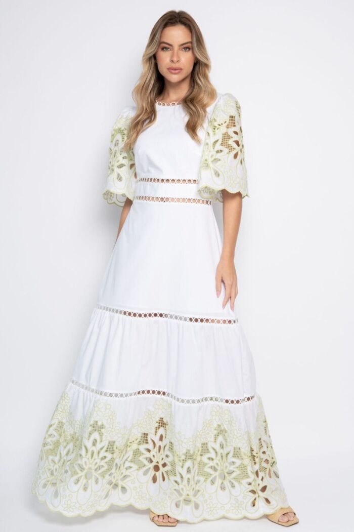 Imagem de Vestido Cristina Branco Bordado Verde Marie Mercié