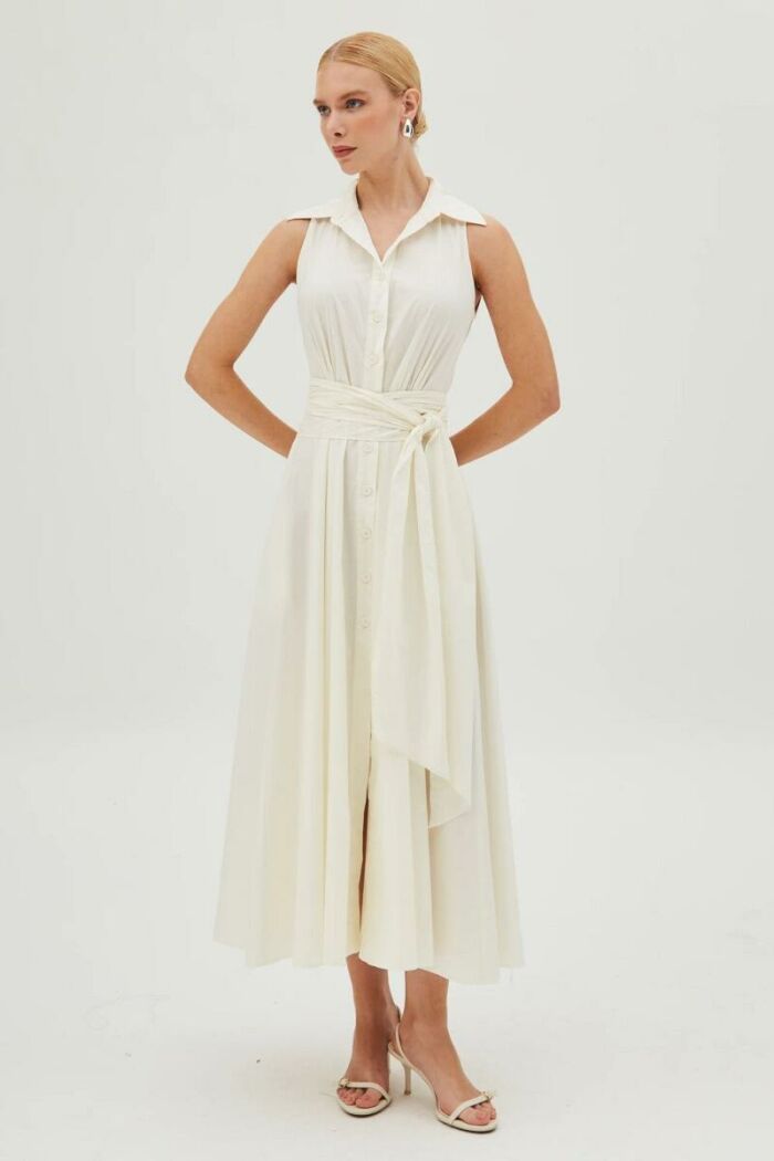 Imagem de Vestido Mídi Com Faixa Para Amarração E Botões Creme Zen