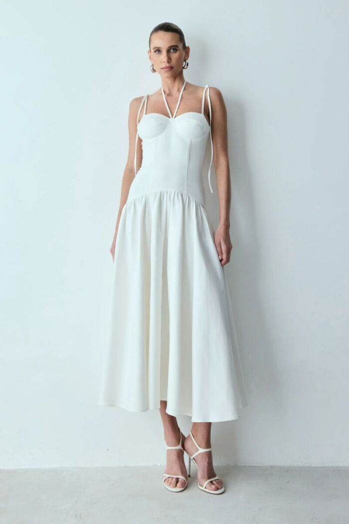 Imagem de Vestido Mídi Acinturado Amarração Ombros E Pescoço Off White Zen