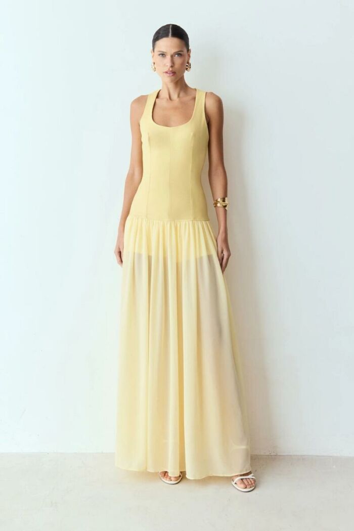 Imagem de Vestido Longo Com Corpo Estruturado E Barra Fluida Amarelo Manteiga Zen