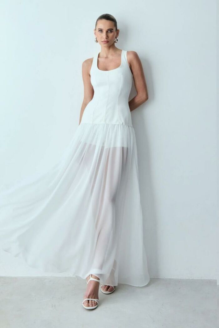 Imagem de Vestido Longo Com Corpo Estruturado E Barra Fluida Off White Zen