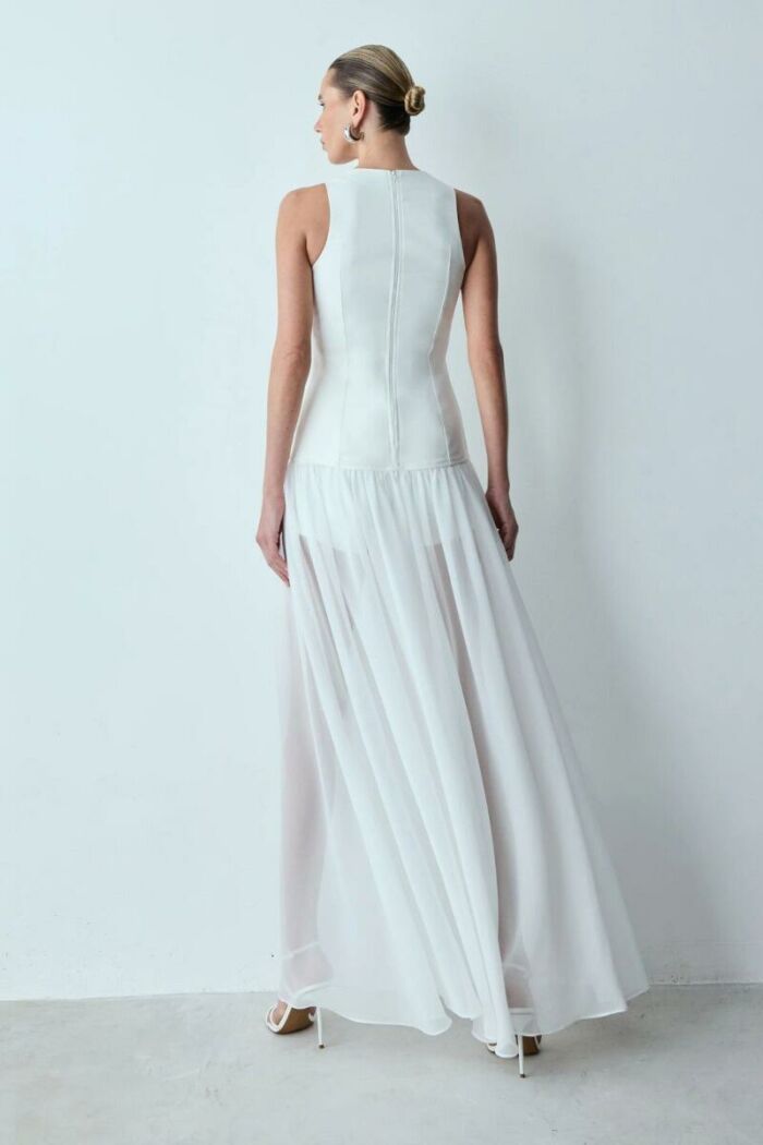 Imagem de Vestido Longo Com Corpo Estruturado E Barra Fluida Off White Zen